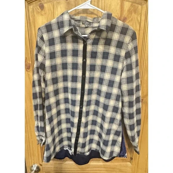Hannah Plaid Button Up Shirt Navy Blue Check Embroidered Velvet Back Women's L - Picture 2 of 5